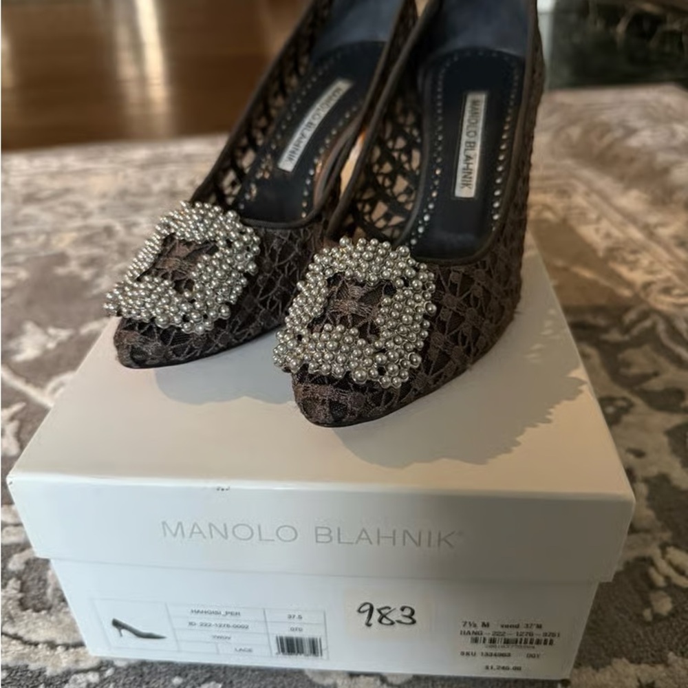 Manolo Blahnik Black Lace Heels with Pearl Buckle